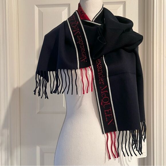 Alexander McQueen Fringe Wool & Cashmere Scarf Blue NWT MSRP $425 - Picture 2 of 6